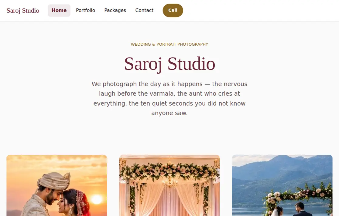 The Wedding and Photography template published as a finished website