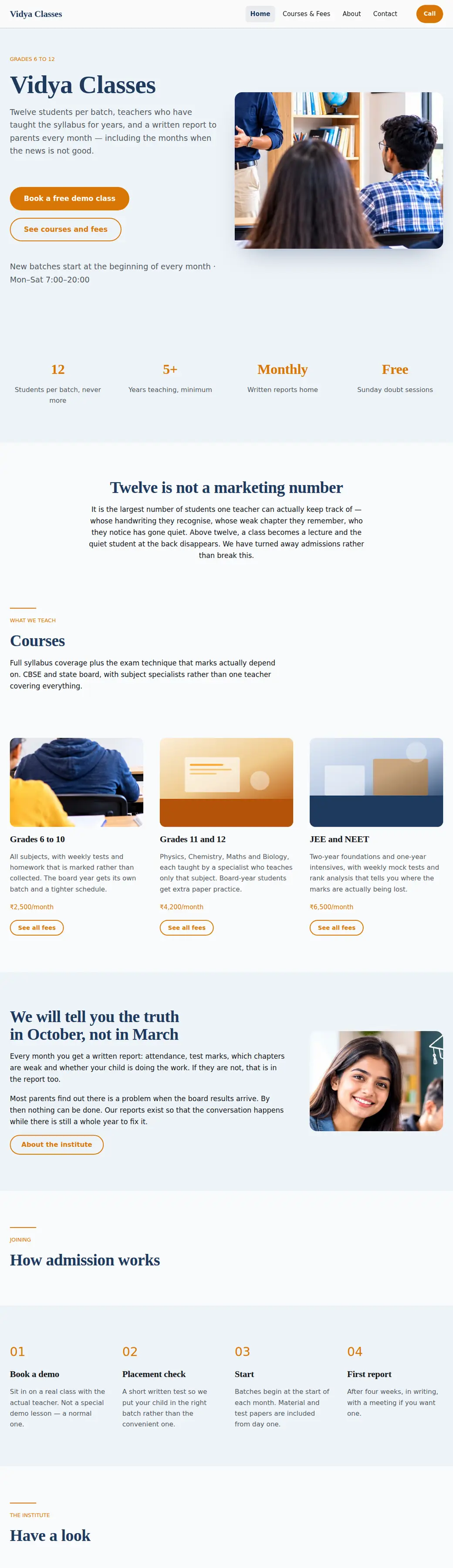 The Coaching Classes template, shown as a finished website