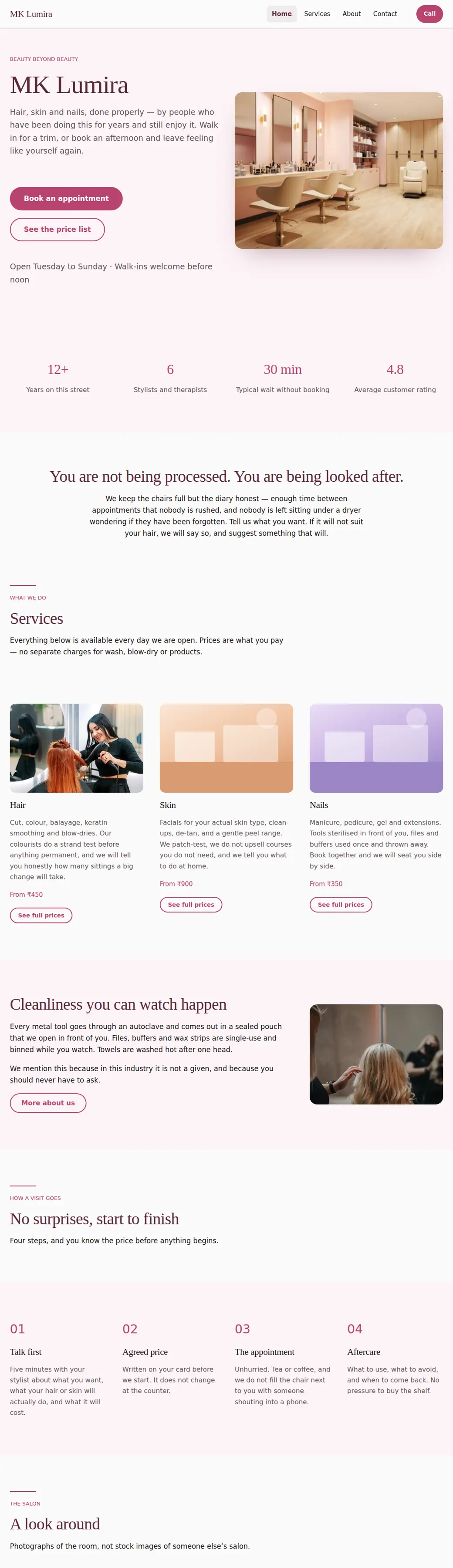 The Beauty Salon template, shown as a finished website