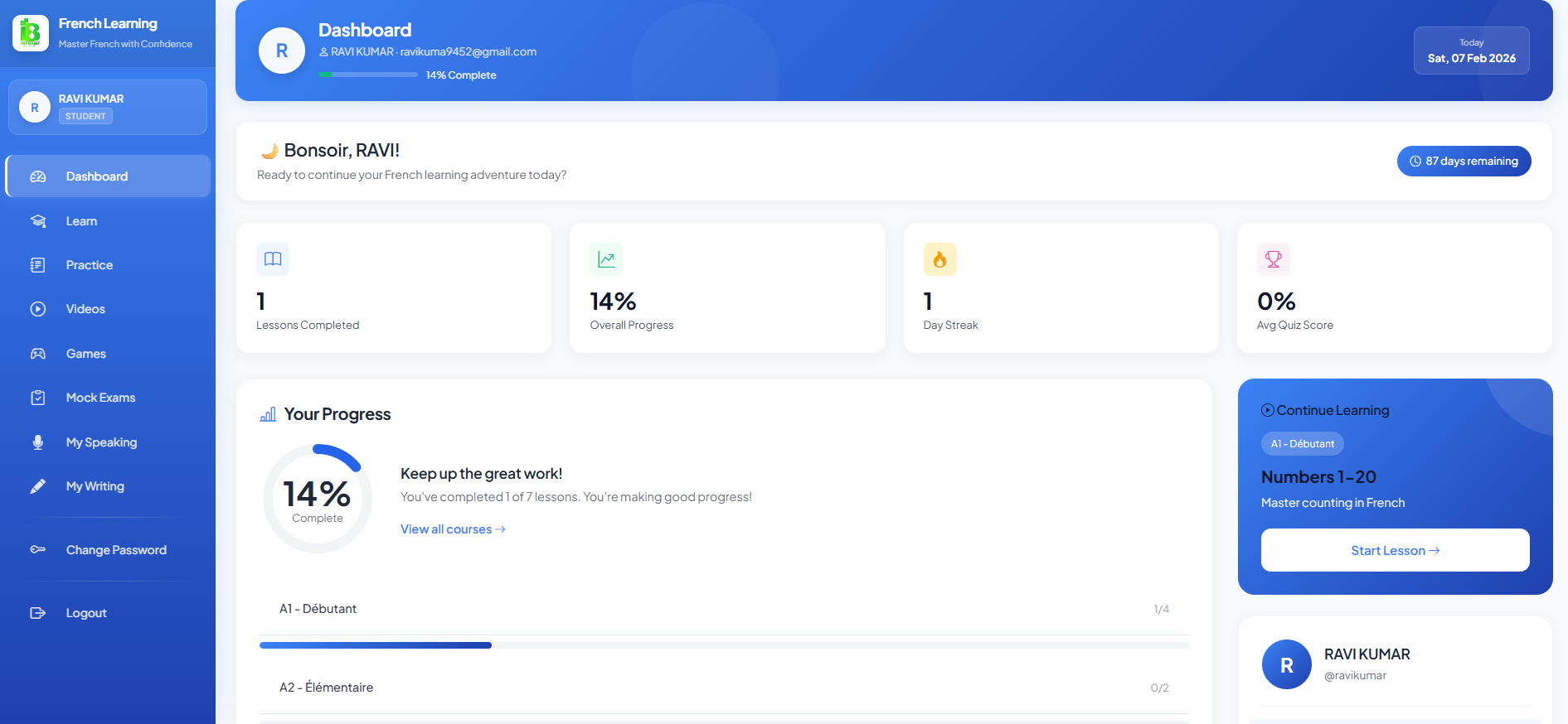 French learning dashboard