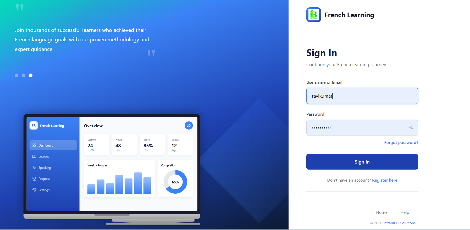 French learning platform login page
