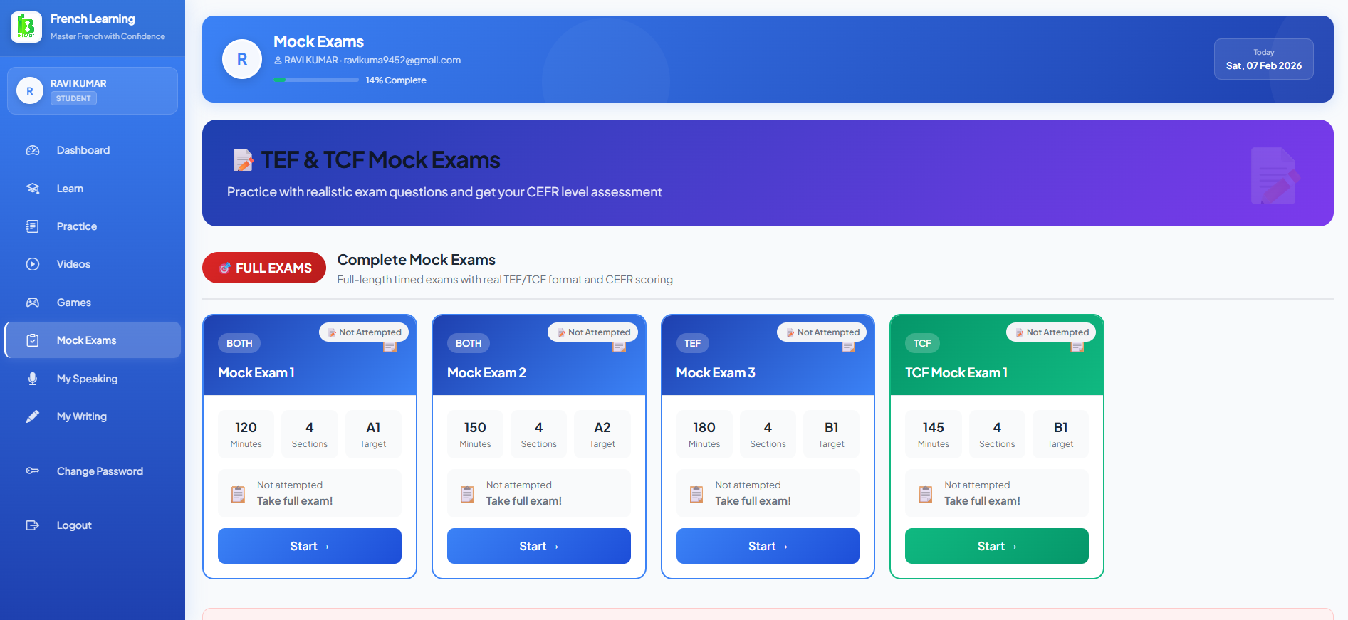 TCF TEF mock exam interface
