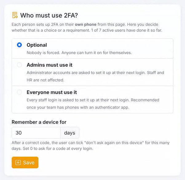 Two-factor authentication policy in InfraBit Immigration CRM: optional, admins must use it, or everyone must use it