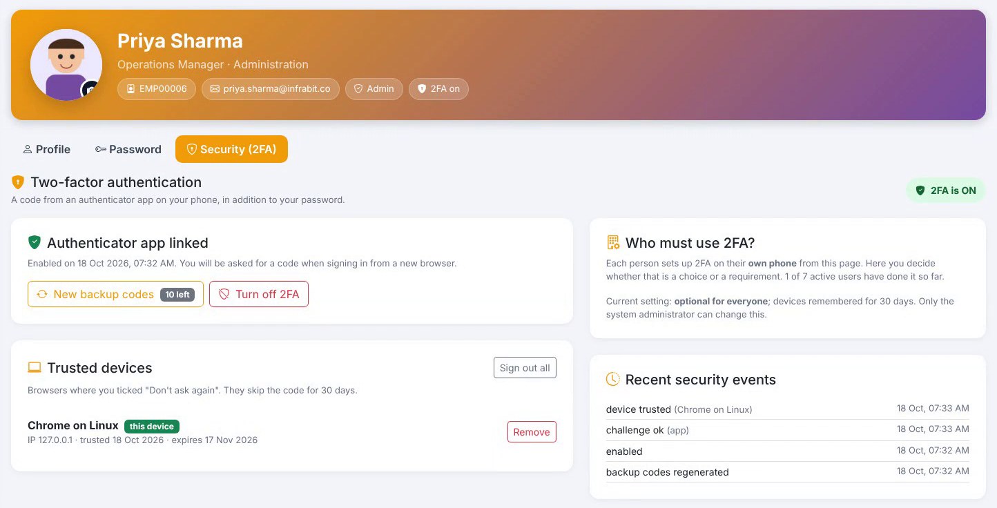 My Profile Security tab in InfraBit Immigration CRM with 2FA on, trusted devices and recent security events