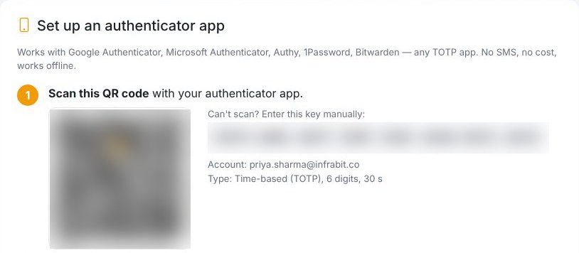 Setting up two-factor authentication in InfraBit Immigration CRM: scan the QR code with an authenticator app