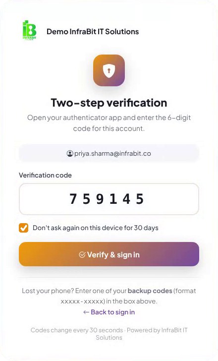 Two-step verification screen in InfraBit Immigration CRM asking for the 6-digit code from the authenticator app
